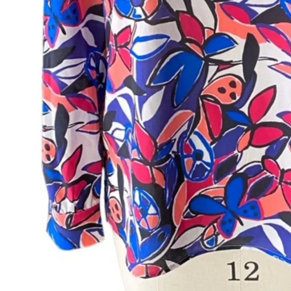 J.CREW Floral Butterfly Colorful Long Sleeve Popover Blouse ~ Women's MEDIUM